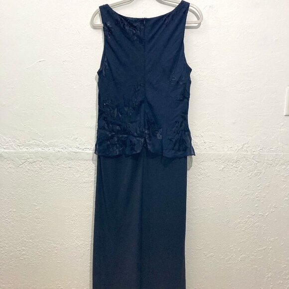 Alex Evenings Maxi Dress Gown Cocktail Holiday Burnout Sheer Floral Silk Navy - Picture 2 of 13